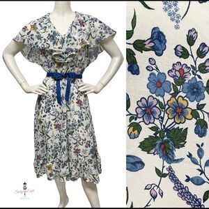 VINTAGE 70s 80s Sheer Floral Shawl Ruffle Collar Peasant Dress Cottage Core M